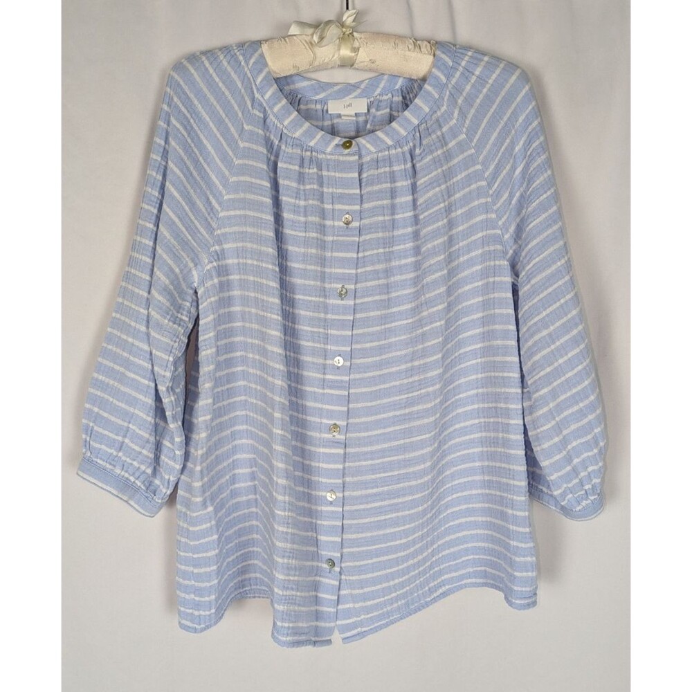 J. Jill Blouse M Women's Blue White Striped Button Down Long Sleeve Cotton Gauze